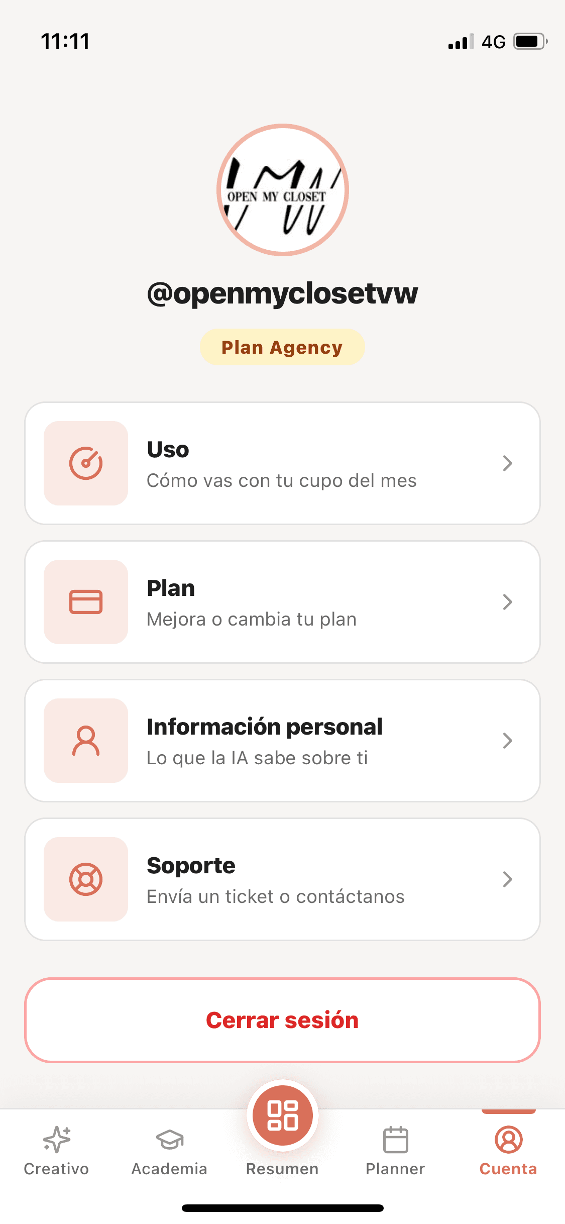 Pantalla Cuenta de BoostGram